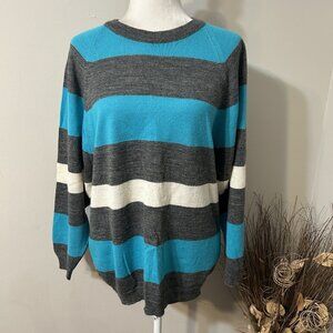 Vtg Evian Ltd Women Lightweight Sweater Wool Blend Striped Teal Gray Sz M Flaw